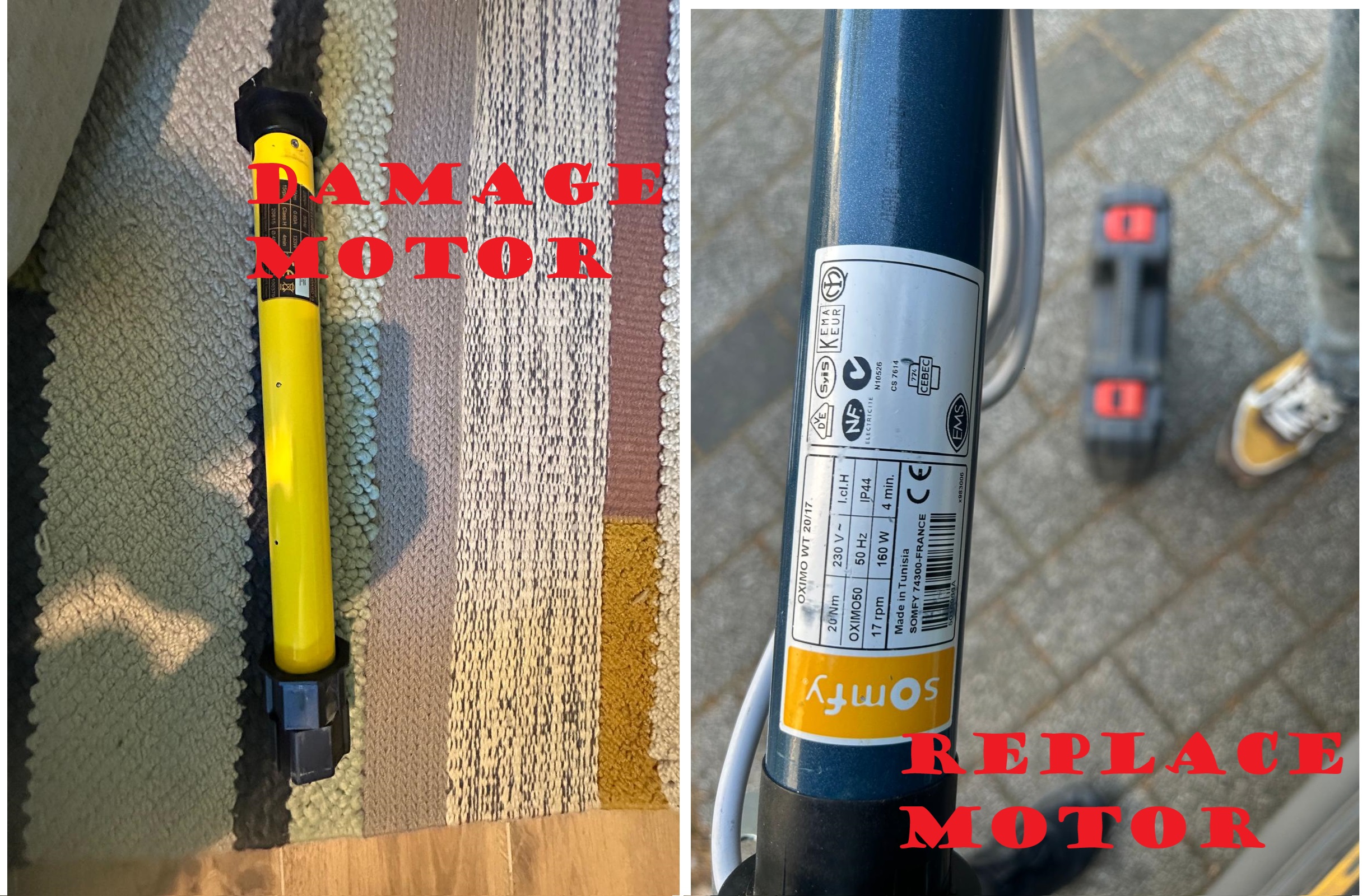 Comparison of damaged yellow shutter motor and new blue Somfy motor installed by Sparksonic in Luxembourg